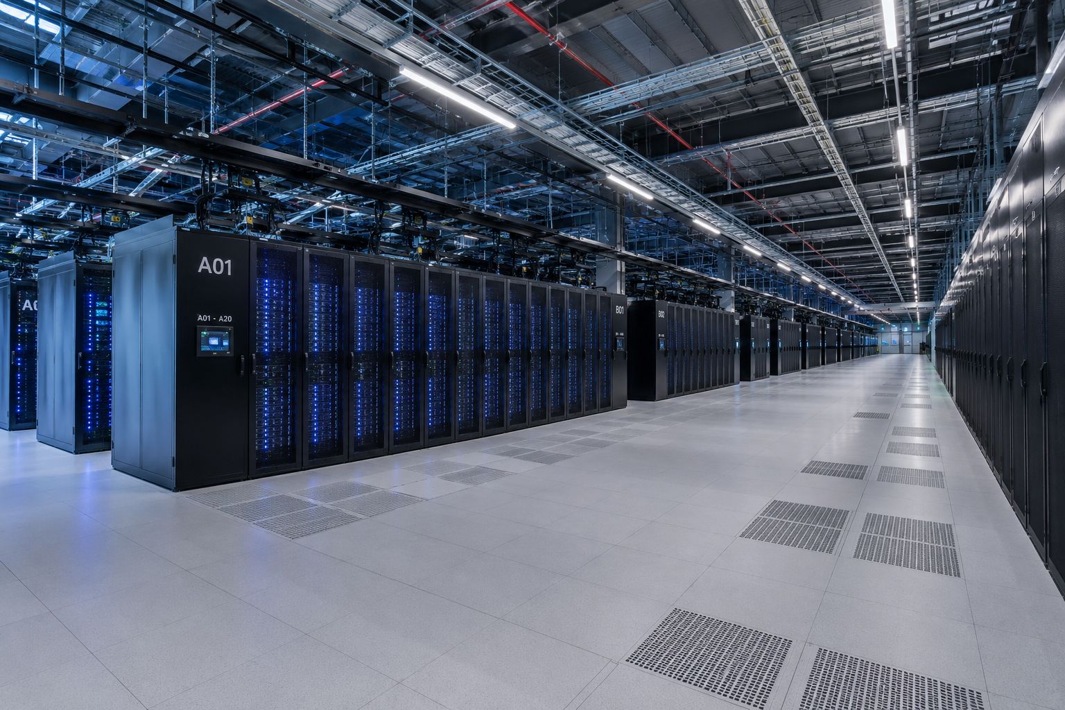 Infraestructura de datos y racks en pasillo técnico de Data Center